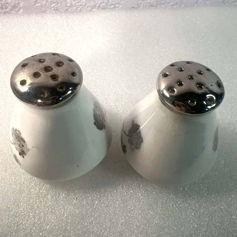 Vintage Bavaria Porcelain‎ Salt & Pepper Shakers Silver Floral Trim Germany  MCM
